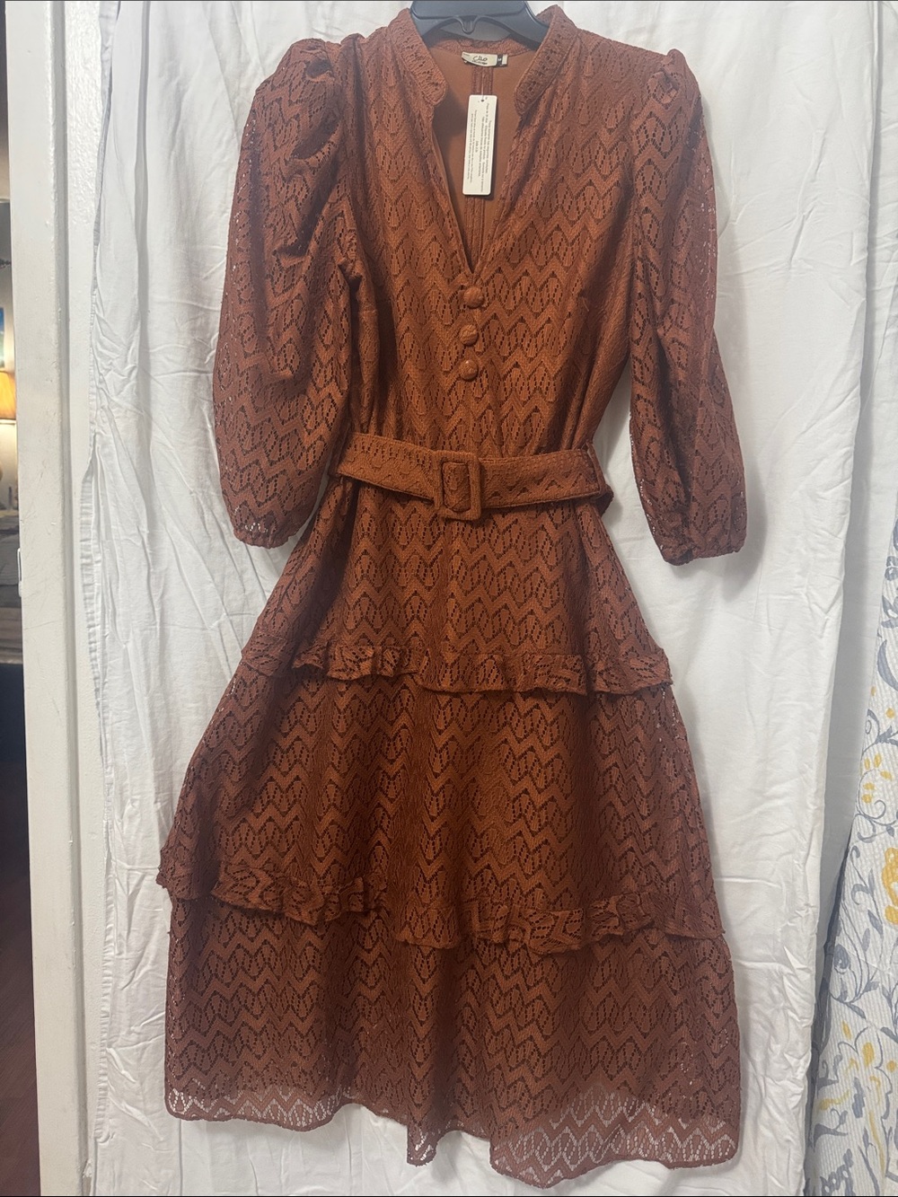 Clio Rust Lace Tiered Midi Dress with Belted Waist